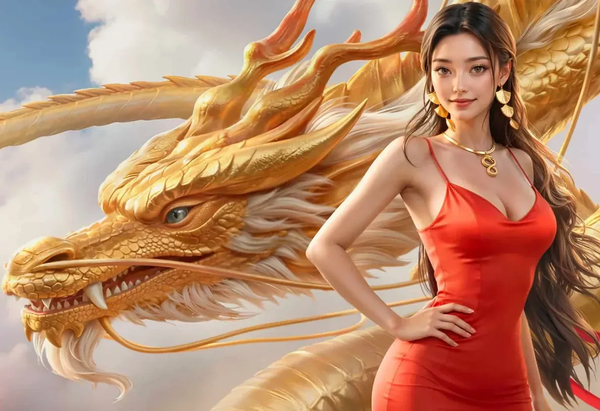 Model wanita cantik di sebelah naga emas longfu88, mewakili kategori eksklusif dan VIP.